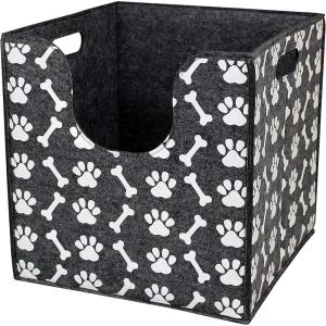 imageBins ampamp Things Dog Toy Bin Storage Basket 14 x 14 x 14 Inches Thick Felt Dog Toy Box with Cute Dog Paws and Bones Prints  Foldable Pet Accessory Basket with Curved Cutout