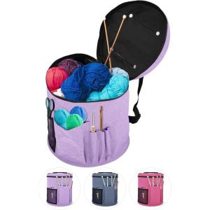 imageBins ampamp Things Knitting Bag  Large Crochet Yarn Storage Organizer with 2 External Pockets  Durable Natural Fabric Tote for Knitting Needles Hooks Accessories  Purple Craft BagPurple